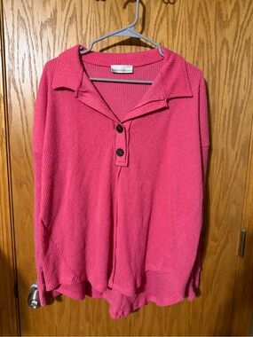 Zenana Outfitters Rose Pink Button-Placket V-Neck Sweater